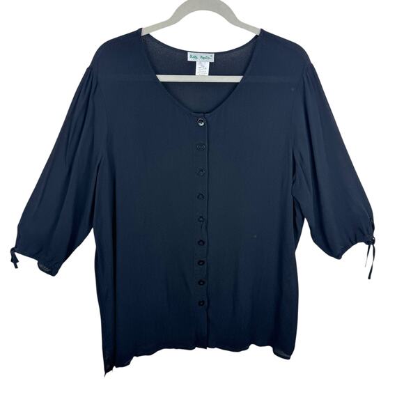 Ulla Popken Black Rayon Chiffon 3/4 Sleeve Lightweight Button Up Blouse Sz 16 18 - Picture 1 of 5
